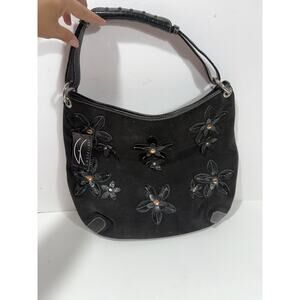 Vintage Castellari Black Suede Floral Leather Aplique Hobo Purse Bag Italy W Tag